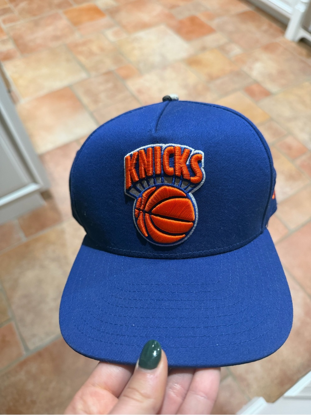 Knicks Blue Snapback Hat with Orange Embroidery and White Snake Skin detailing